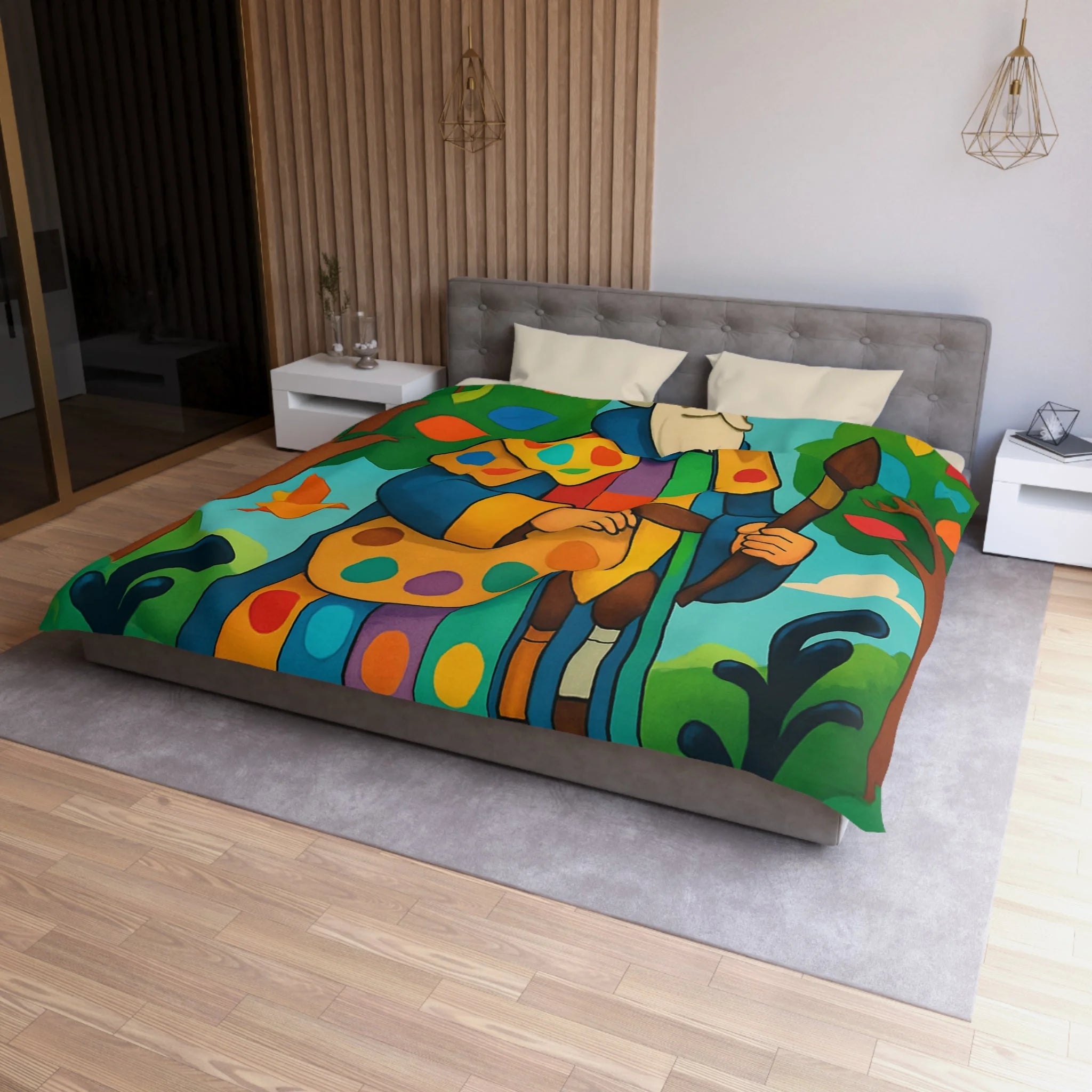 Housse de couette multicolore avec roi et oiseaux dans un jardin enchanteur