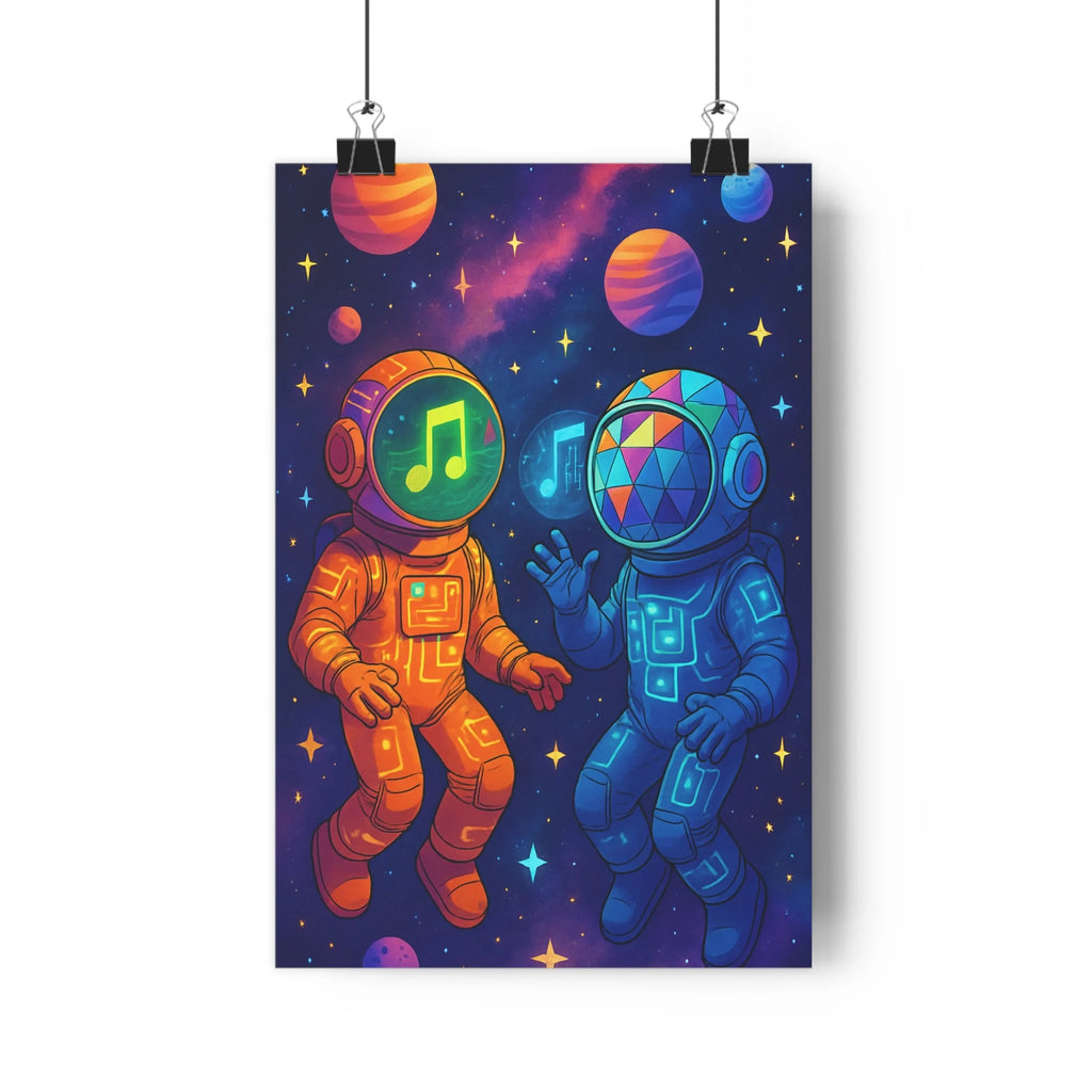 Poster décoratif moderne astronautes orange bleu musique cosmique futuriste bureau chambre ambiance tendance qualité