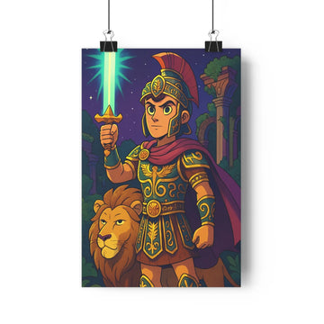 Poster épique légende armure dorée épée lumineuse lion majestueux ciel étoilé colonnes antiques arbres mystérieux style cartoon ambiance noble chambre