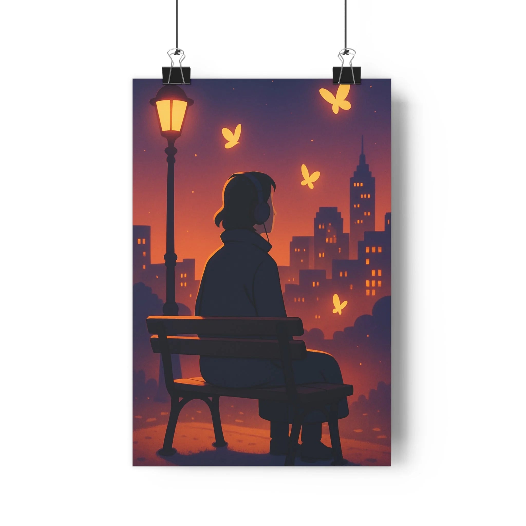 Poster décoratif dessin animé bleu orange ville rêveur chambre salon ambiance lumineuse calme élégant