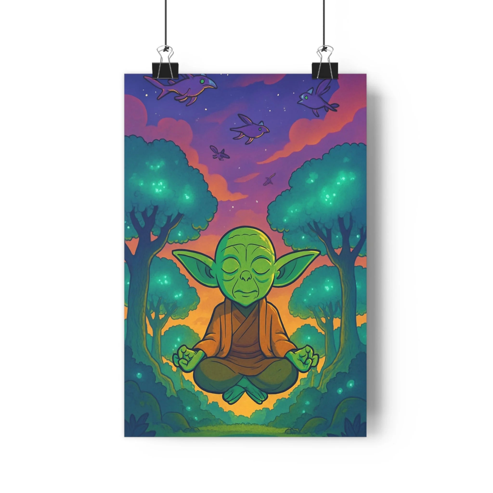 Poster décoratif art cartoon zen vert violet bleu forêt méditation bureau détente harmonieux 30x46