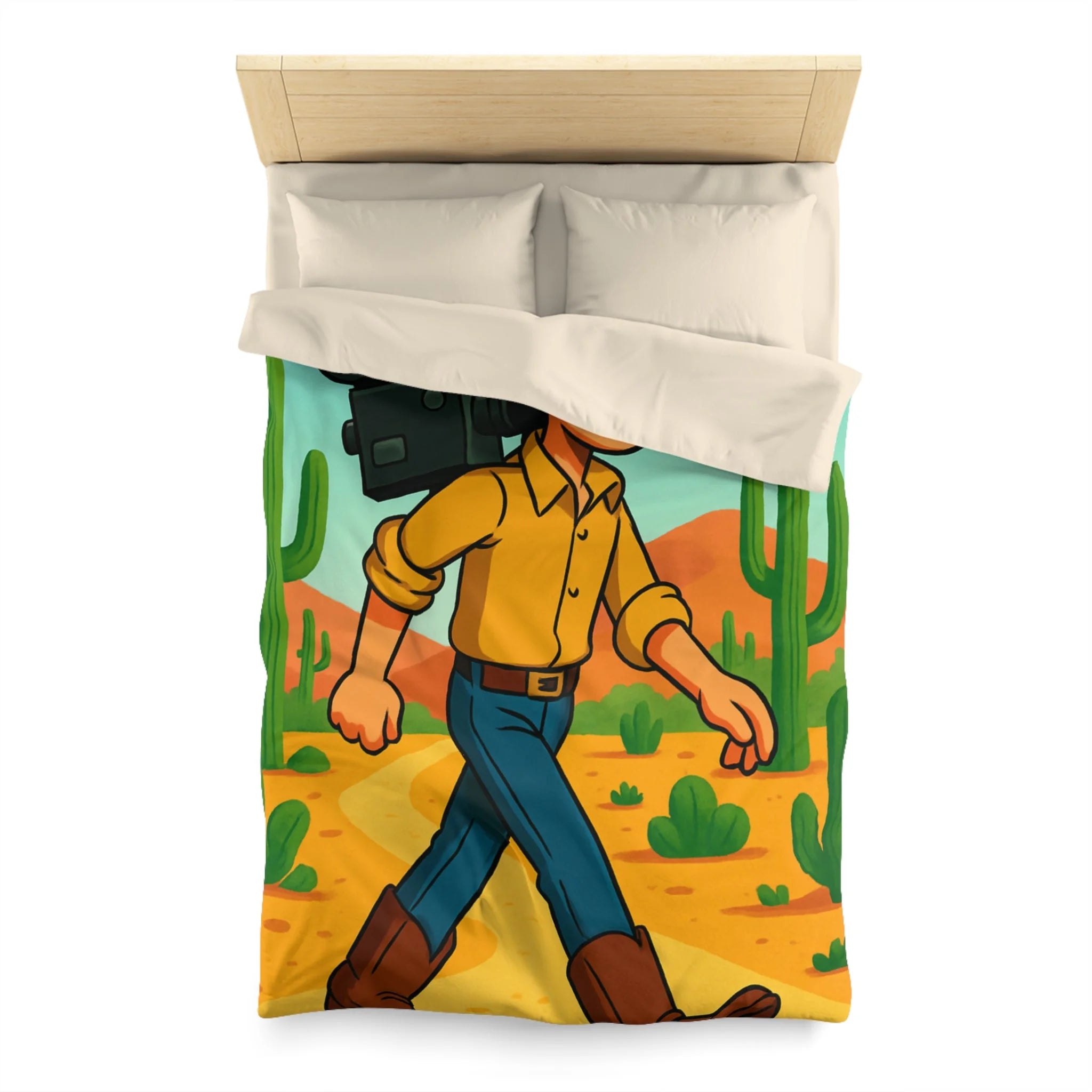 Housse de couette western cowboy dessin animé, désert cactus rétro style vibrant