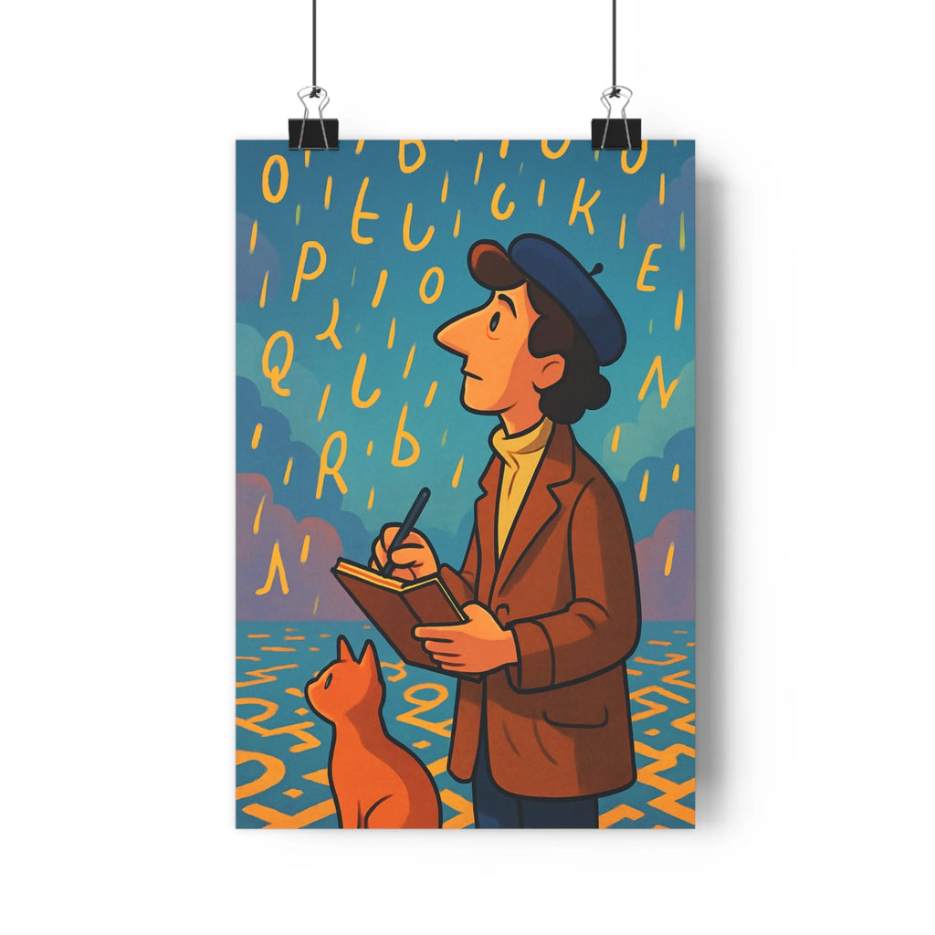 Poster décoratif cartoon jaune orange créatif ludique salon bureau artistique homme chat trenchcoat qualité