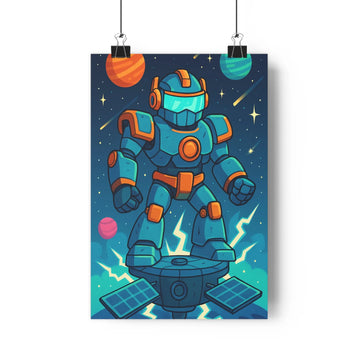 Poster robot géant bleu orange planètes ciel étoilé rayons lumière plantes simples style cartoon ambiance futuriste chambre bureau