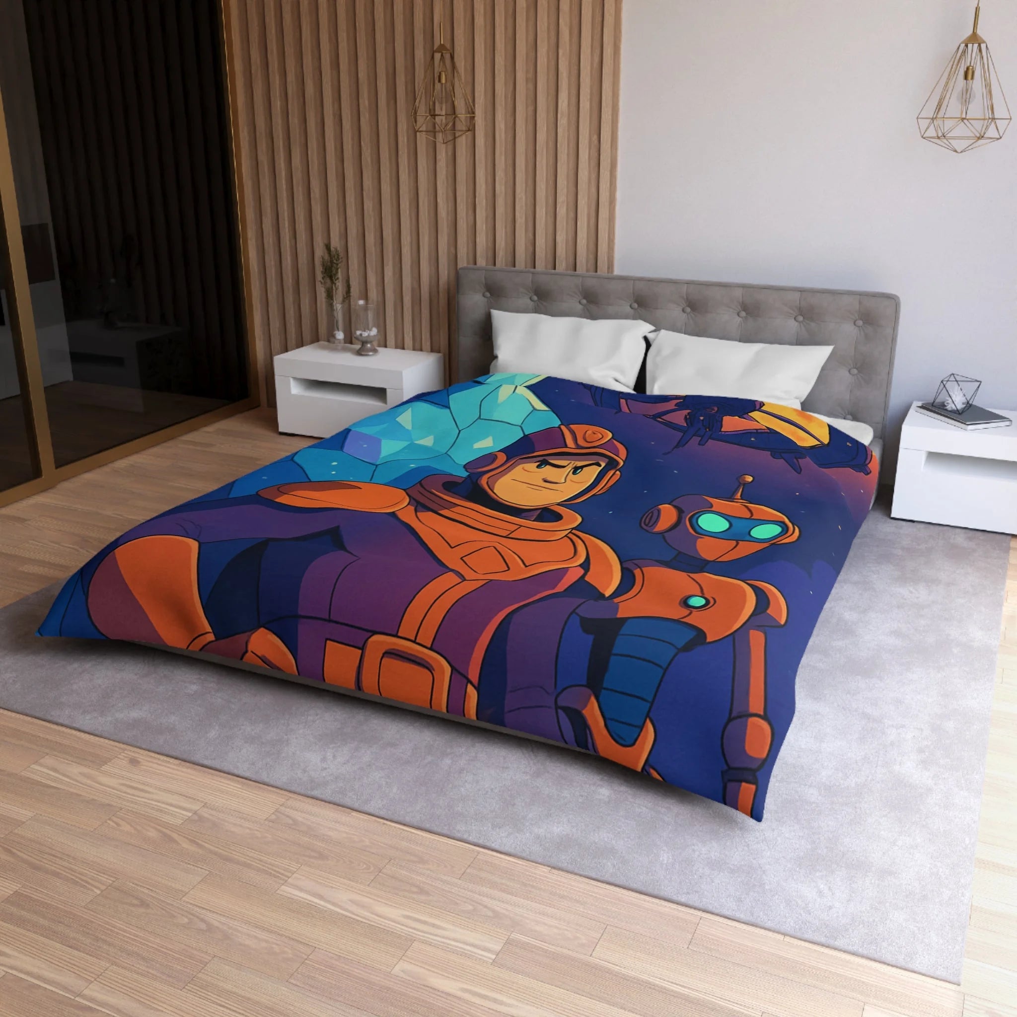 Housse de Couette Space Adventure: Héros, Robot et Alien Sous Lune Éclatante