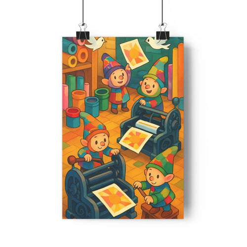 Poster cartoon lutins atelier imprimante papier crayons livres couleurs vives ambiance joyeuse festive chambre enfants