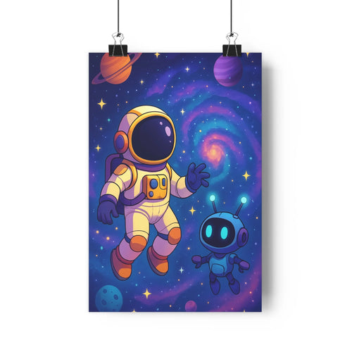 Poster science fiction astronaute robot espace planètes étoiles nébuleuses violet bleu orange contours nets style cartoon ambiance mystérieuse chambre enfants