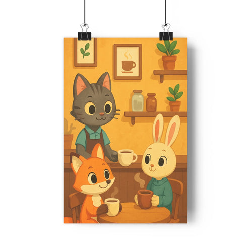 Poster animaux serveurs clients café plantes étagères tasse contours nettes expressions faciles couleurs chaudes ambiance conviviale salon cuisine
