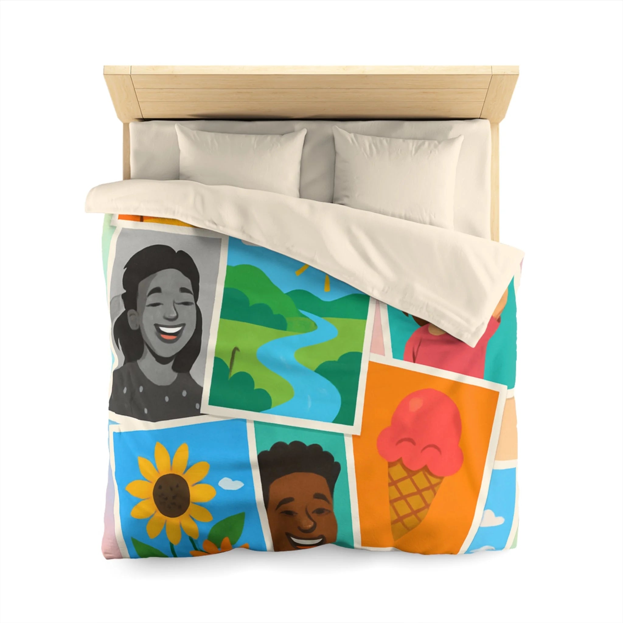 Vibrante housse de couette colorée avec portraits joyeux et paysages ensoleillés pour chambre