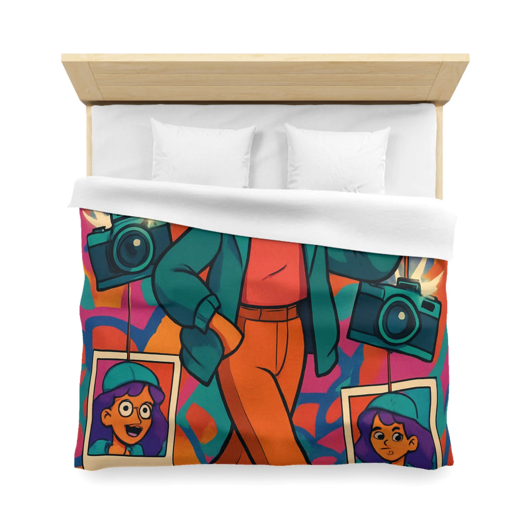 Housse de couette vivante avec personnage stylé marchant dans ambiance artistique colorée et ludique
