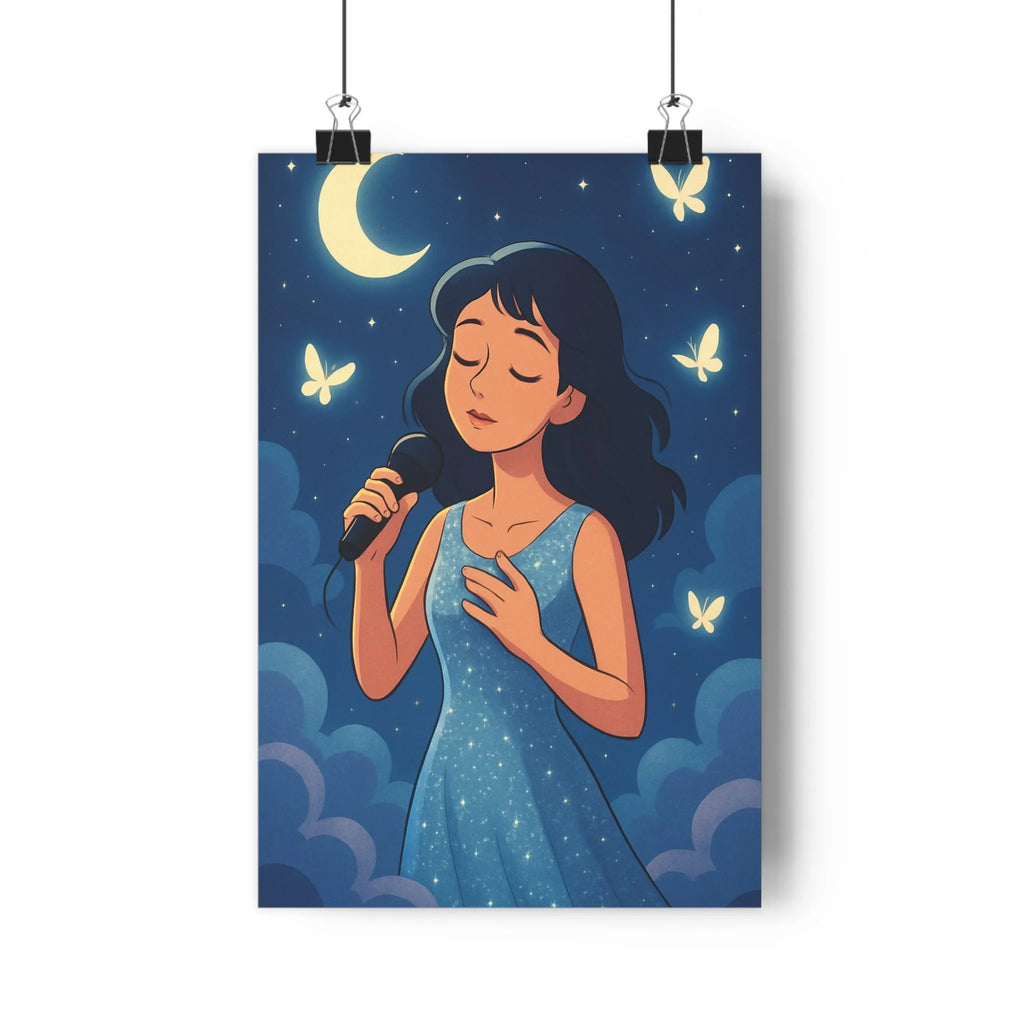 Poster décoratif féerique rose bleu cartoon rêveur chambre nuages papillons nuit lune 30x46 cm