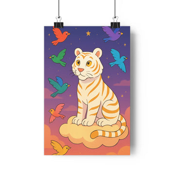 Poster tigre blanc nuage oiseaux colorés ciel nocturne étoiles plantes verte console blanche ambiance douce fantastique salon chambre art mural