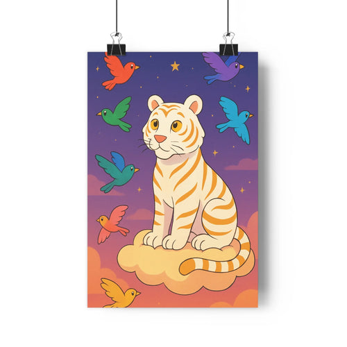 Poster tigre blanc nuage oiseaux colorés ciel nocturne étoiles plantes verte console blanche ambiance douce fantastique salon chambre art mural