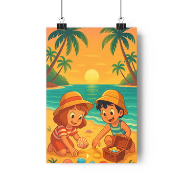 Poster enfants plage tropical coucher soleil palmiers coquillages trousse or ambiance joyeuse paisible style cartoon couleurs vives décors exotiques chambre-décoration