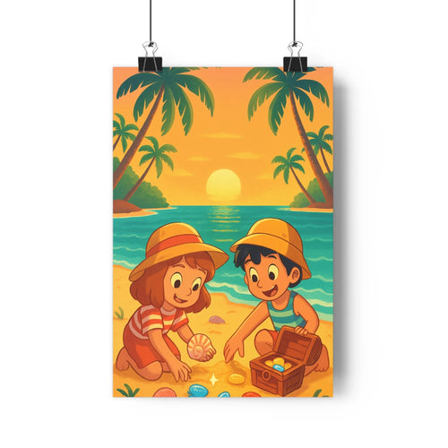 Poster enfants plage tropical coucher soleil palmiers coquillages trousse or ambiance joyeuse paisible style cartoon couleurs vives décors exotiques chambre-décoration