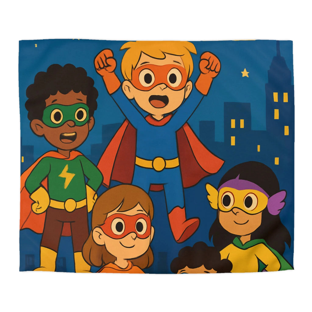 Super-héros Enfants Volant Nuit Ciel Étoilé Ville Amis Confiants Housse de Couette Colorée