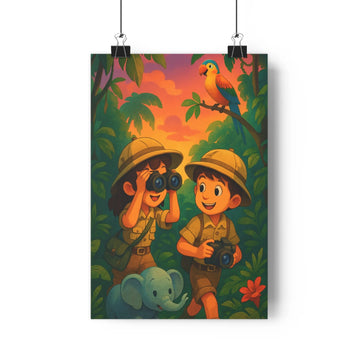 Poster enfants explorer jungle safari chapeaux éléphant bleu couchersoleil feuilles fleurs contours net graphique cartoon joyeux chambre vivant