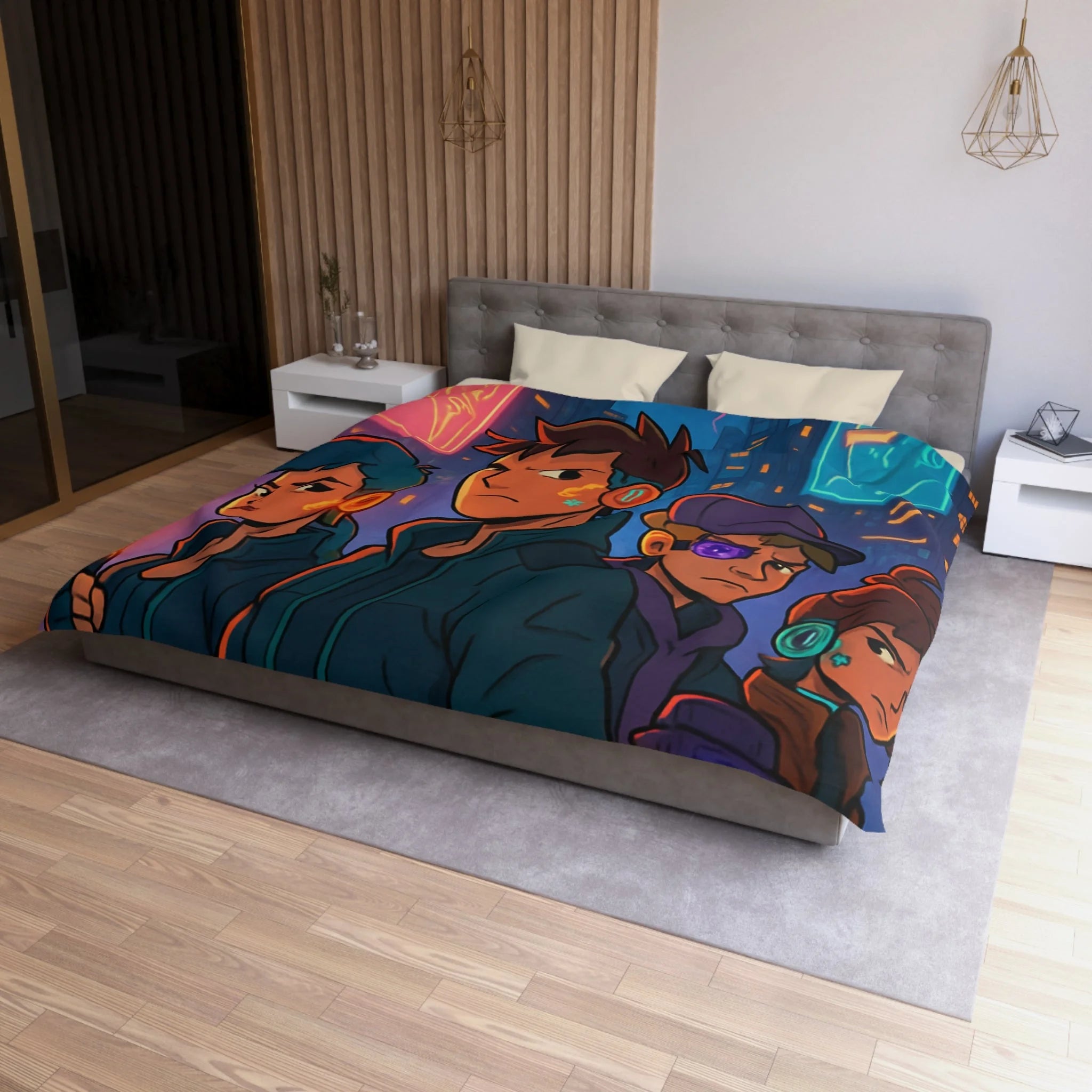 Housse de couette style rétro futuriste avec scène urbaine néon et personnages cyberpunk
