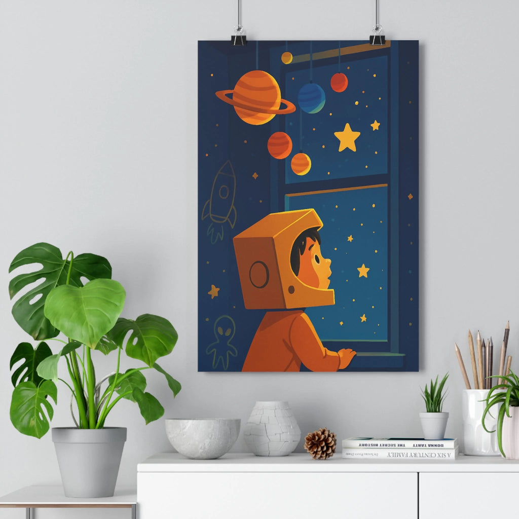 Poster décoratif enfant astronaute aventure ciel étoilé planètes rêveur bleu orange apaisant chambre 30x46