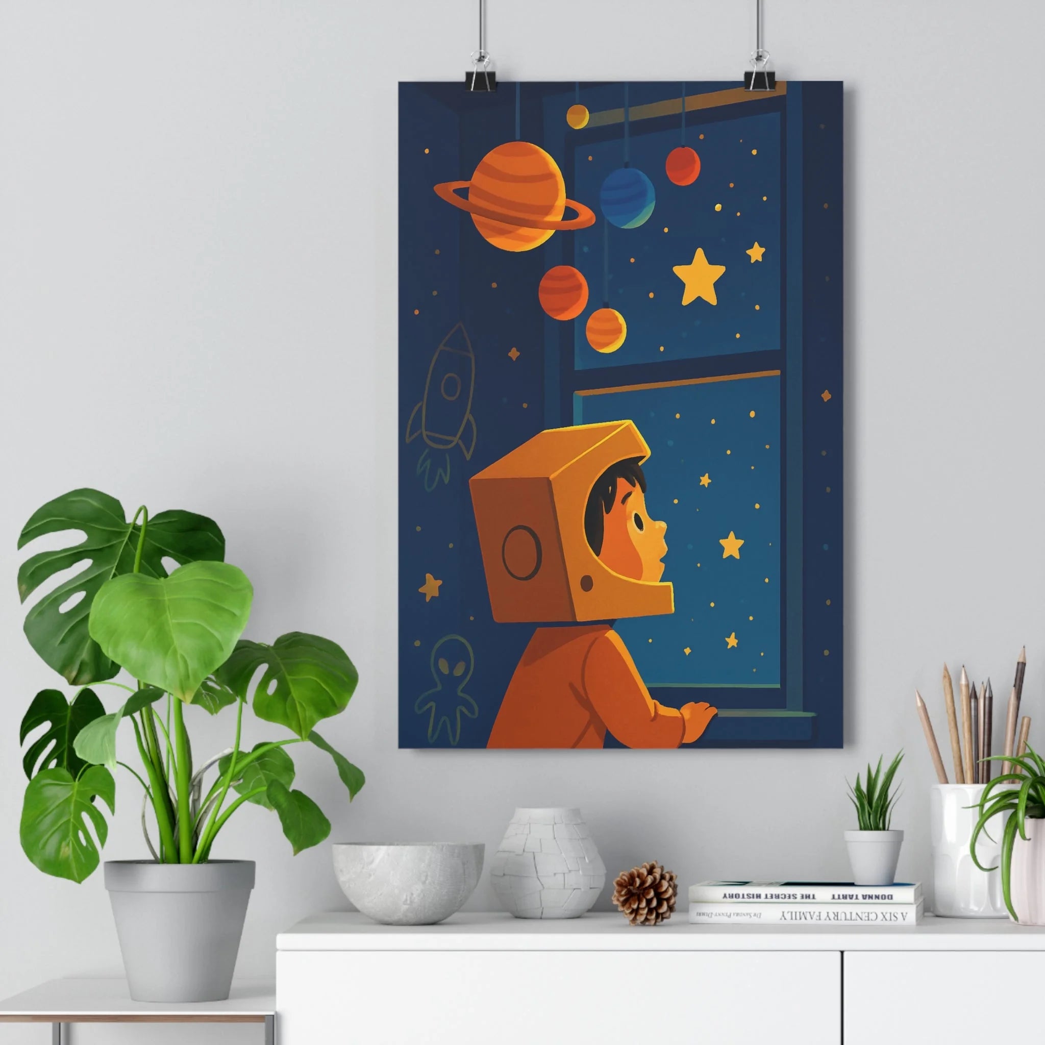 Poster décoratif enfant astronaute aventure ciel étoilé planètes rêveur bleu orange apaisant chambre 30x46