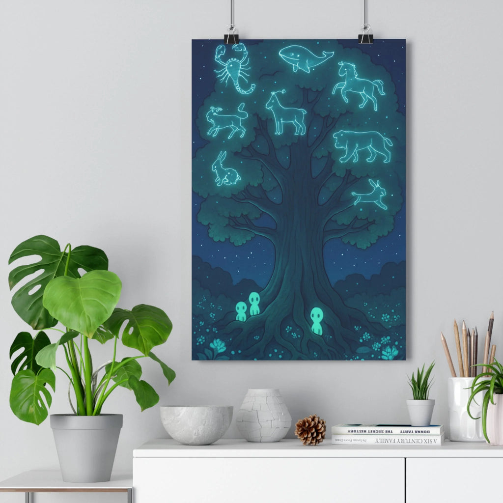 Poster décoratif arbre céleste bleu vert mystique fantastique chambre détente 30x46 lumineux créatures animaux