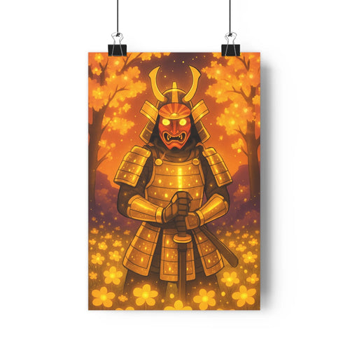 Poster samouraï armure dorée feuilles d’automne soleil couchant fleurs jaunes expression sérieuse style réaliste ambiance majestueuse salon bureau élégant