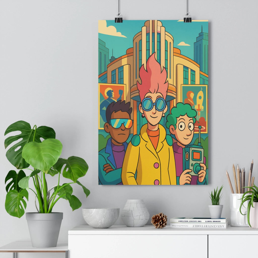 Poster décoratif rétrofuturiste urbain cheveux roses lunettes bleues personnage stylisé chambre moderne tendance ambiance