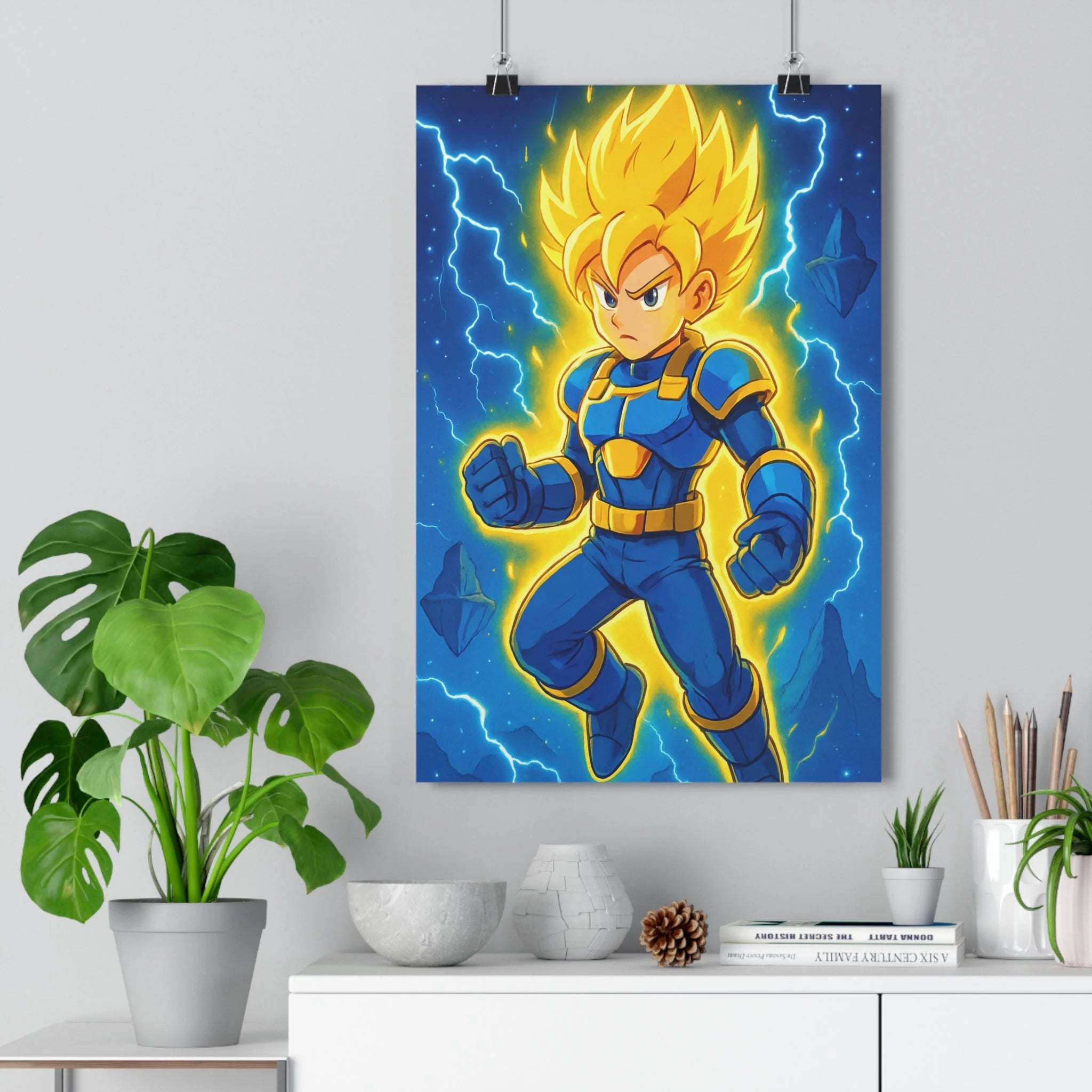 Poster décoratif lumineux guerrier cosmique jaune bleu dynamique chambre salon moderne énergie intense étoilé