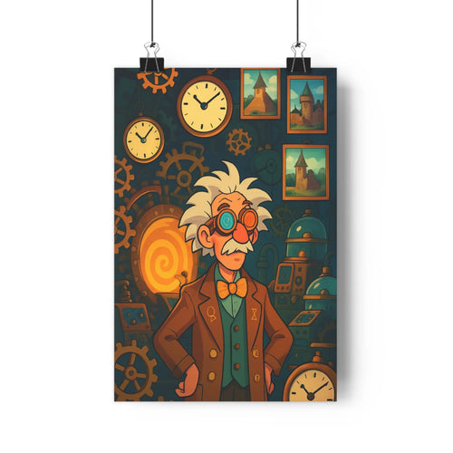 Poster steampunk vintage personnage lunettes veste mécaniques engrenages horloges dorées châteaux bleu foncé ambiance mystérieuse détails métalliques salon bureau