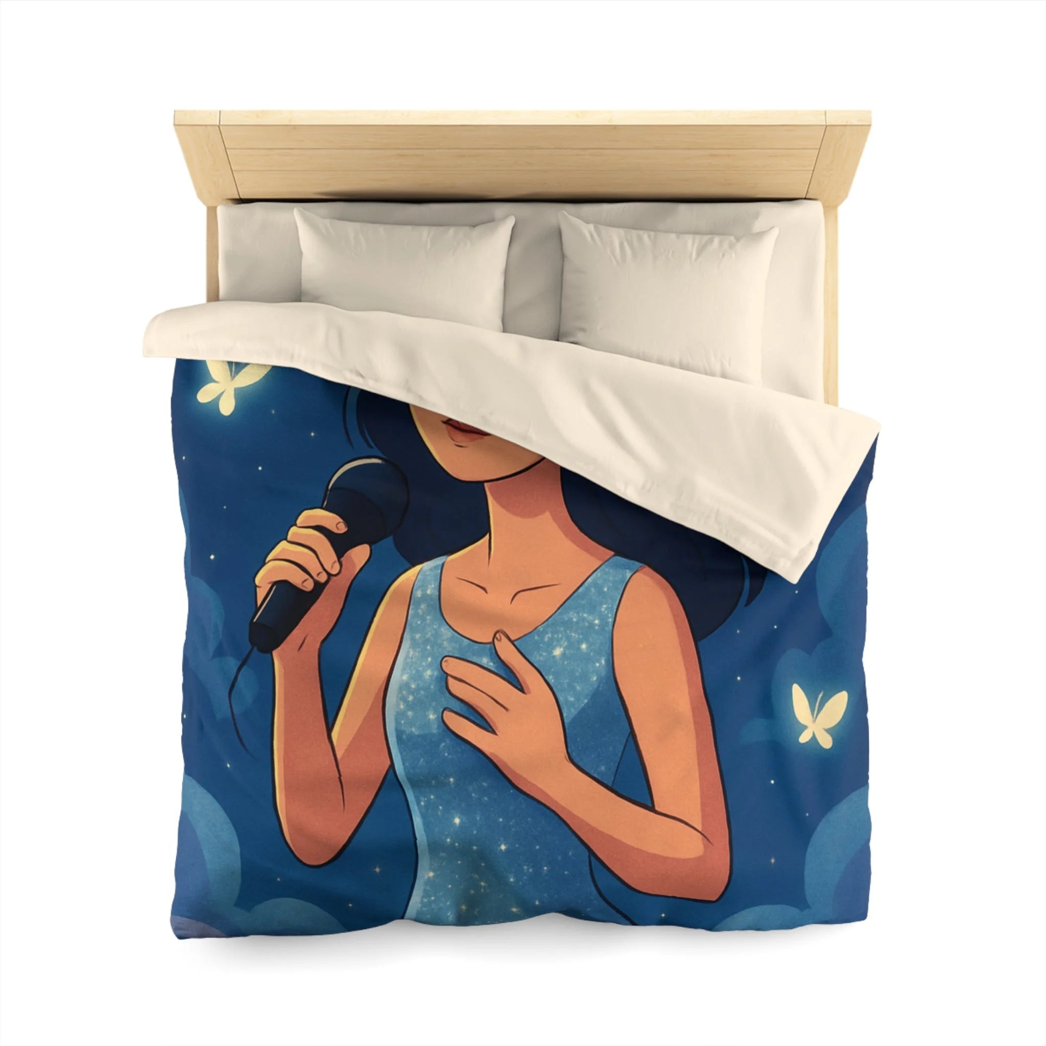 Housse de couette rêveuse avec chanteuse, papillons, lune et ciel étoilé bleu