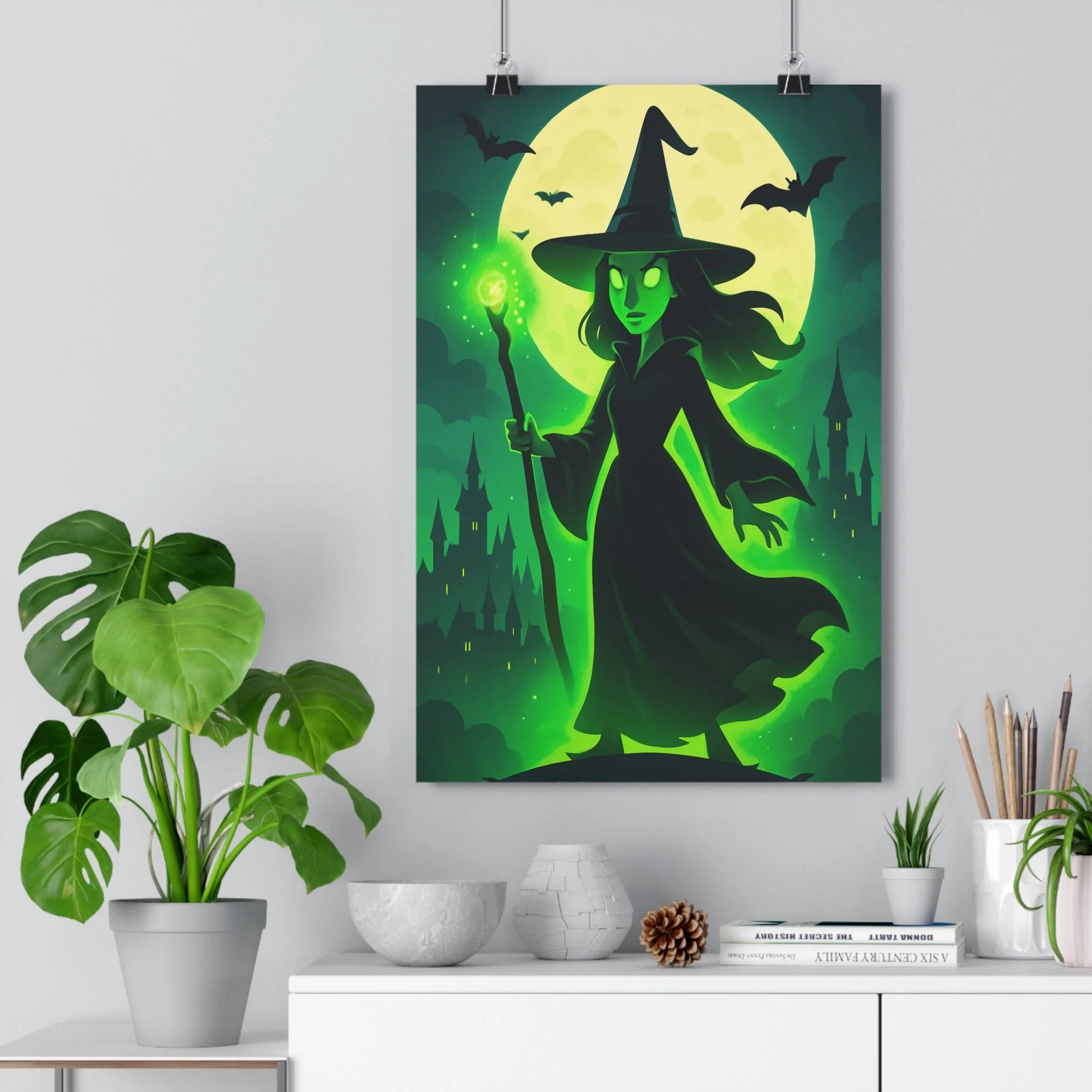 Poster décoratif sorcière mystique lune verte cartoon fantastique magique salon chambre unique vibrant qualité