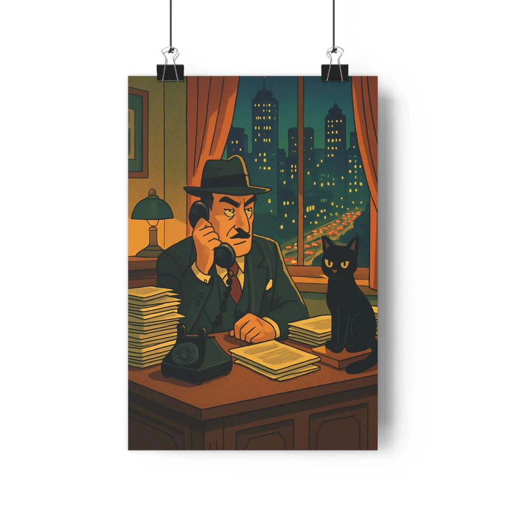 Poster décoratif rétro gris bleu ambiance mystérieuse bureau homme chat ville nuit captivant qualité