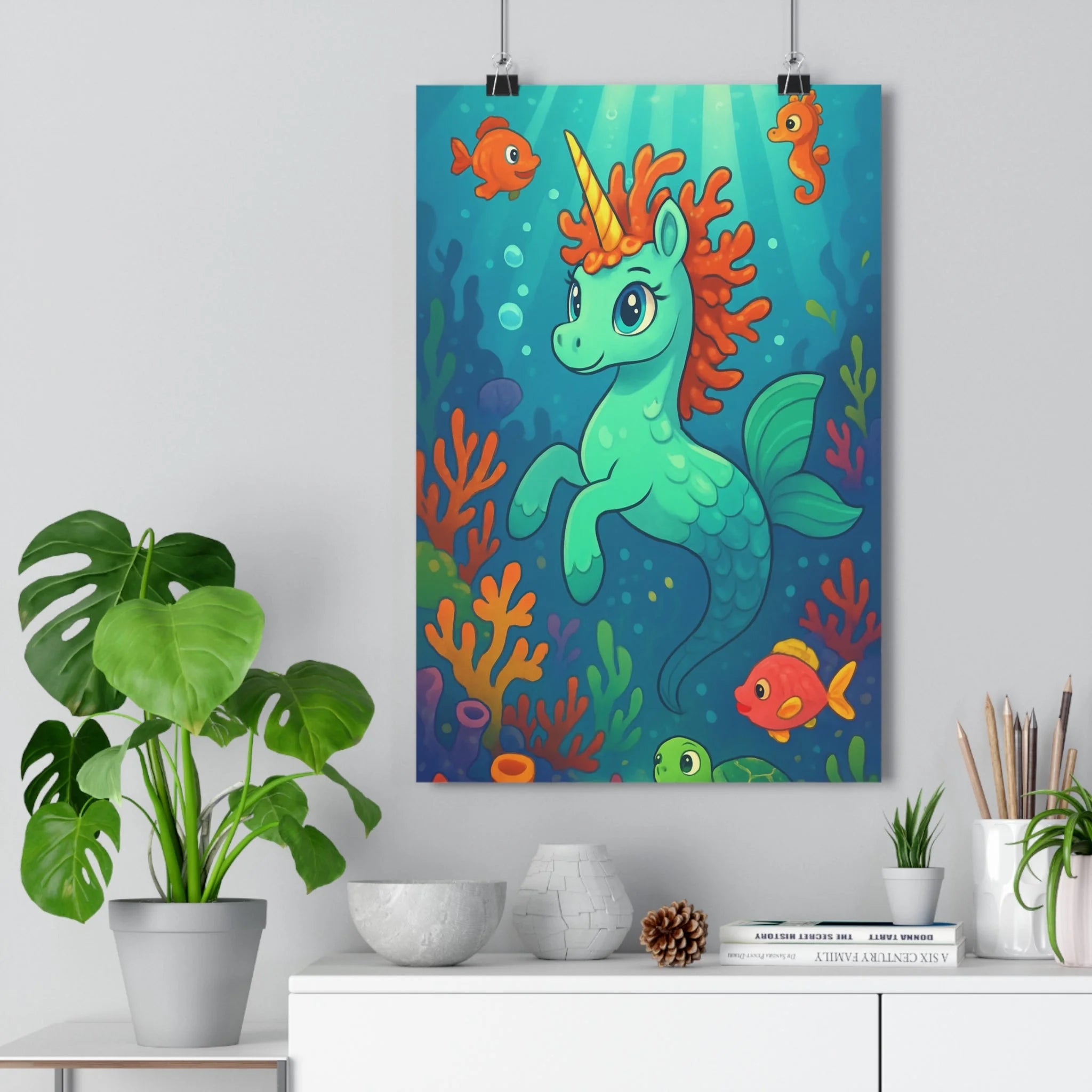Poster décoratif dessin animé turquoise orange joyeux enfant chambre créatif licorne marine corail 30x46