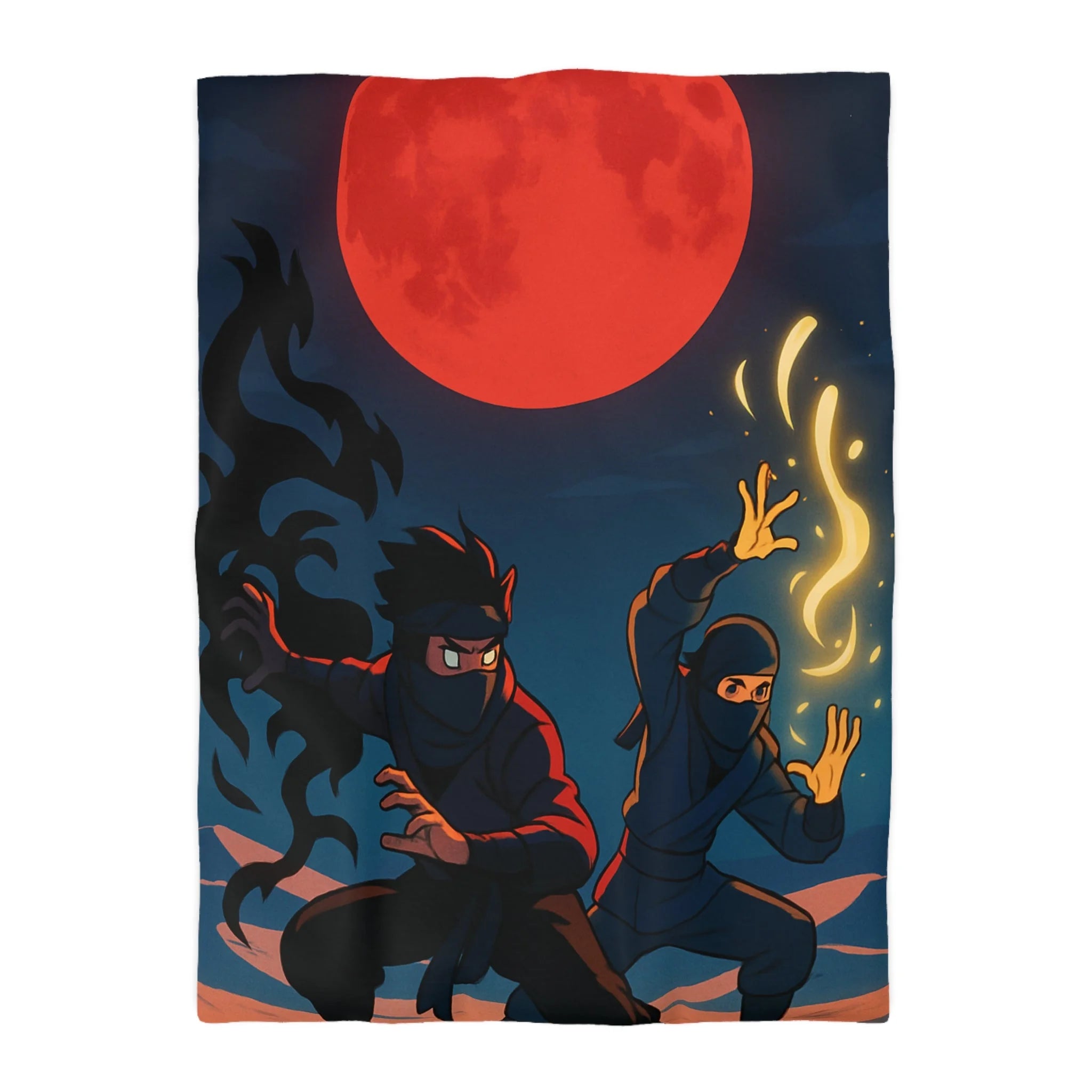 Housse de Couette Ninja avec Lune Rouge et Pouvoirs Mystiques en Fond Sombre