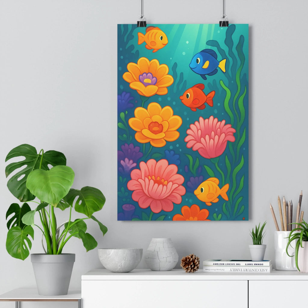 Poster marin joyeux fleurs poissons algues bulles sousmarine verte rose bleue vibrant enfant chambre salon