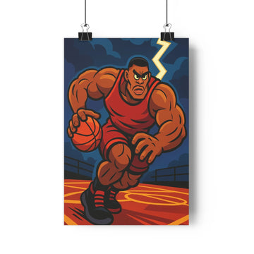 Poster action basketball rouge orange muscles nuages gris éclair dynamique concentré cartoon salon chambre