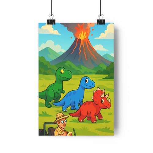 Poster dinosaures explorateur volcan nuages montagnes couleur verte bleue rouge cartoon lumineux dynamique chambre enfants aventure