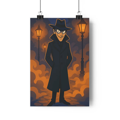 Poster homme mystérieux nuits lanternes nuages sombres manteau chapeau noir bleu orange contours nets ambiance dramatique salon bureau