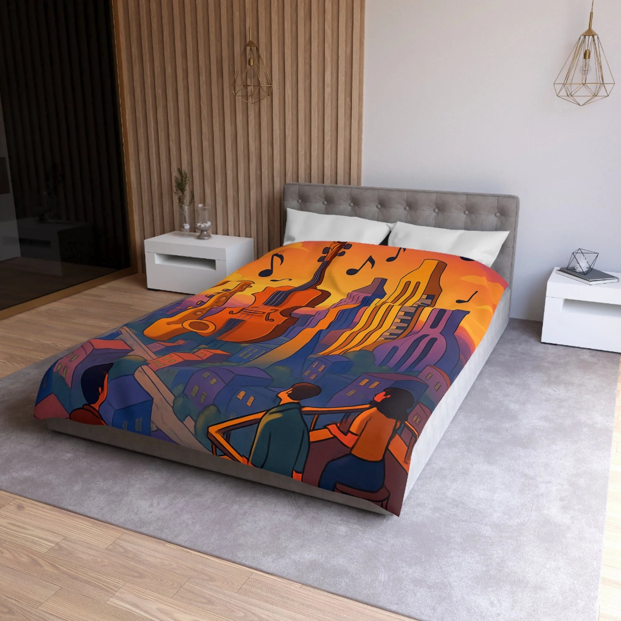 Housse de couette urbaine avec des instruments géants flottant au coucher de soleil vibrant
