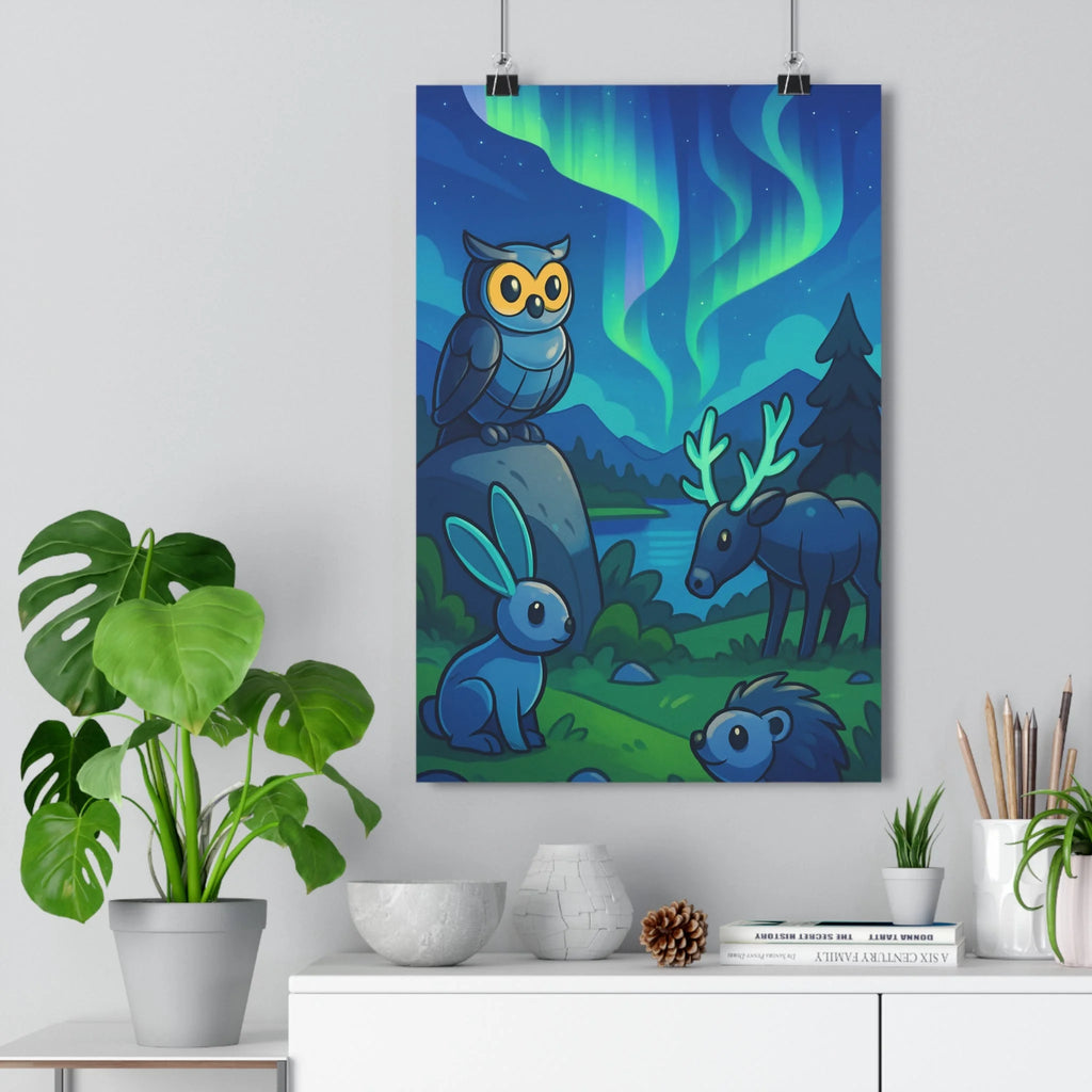 Poster décoratif nocturne bleu vert cartoon féerique apaisant enfant chambre nature magique scène animale