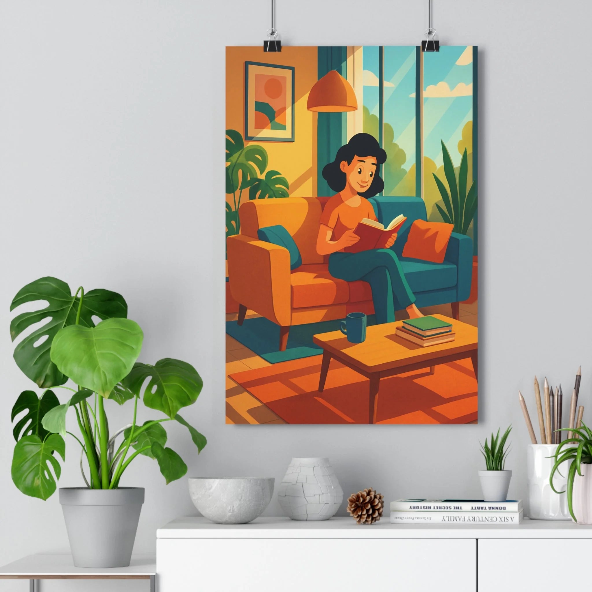 Poster décoratif vibrant salon intérieur moderne coloré lumière naturelle apaisante géométrique confortable femme lecture