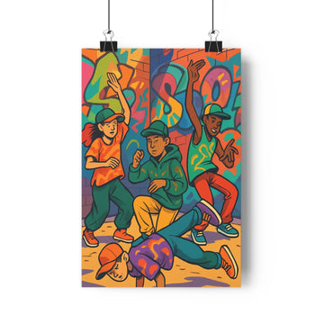 Poster danse hip hop graffiti mur coloré plantes étagère livres ambiance festive énergie passion chambre salon