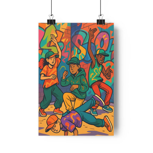 Poster danse hip hop graffiti mur coloré plantes étagère livres ambiance festive énergie passion chambre salon