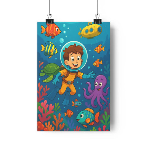 Poster décoratif scène sousmarine plongeur cartoon joyeux enfant chambre coloré ludique 30x46 dynamique qualité