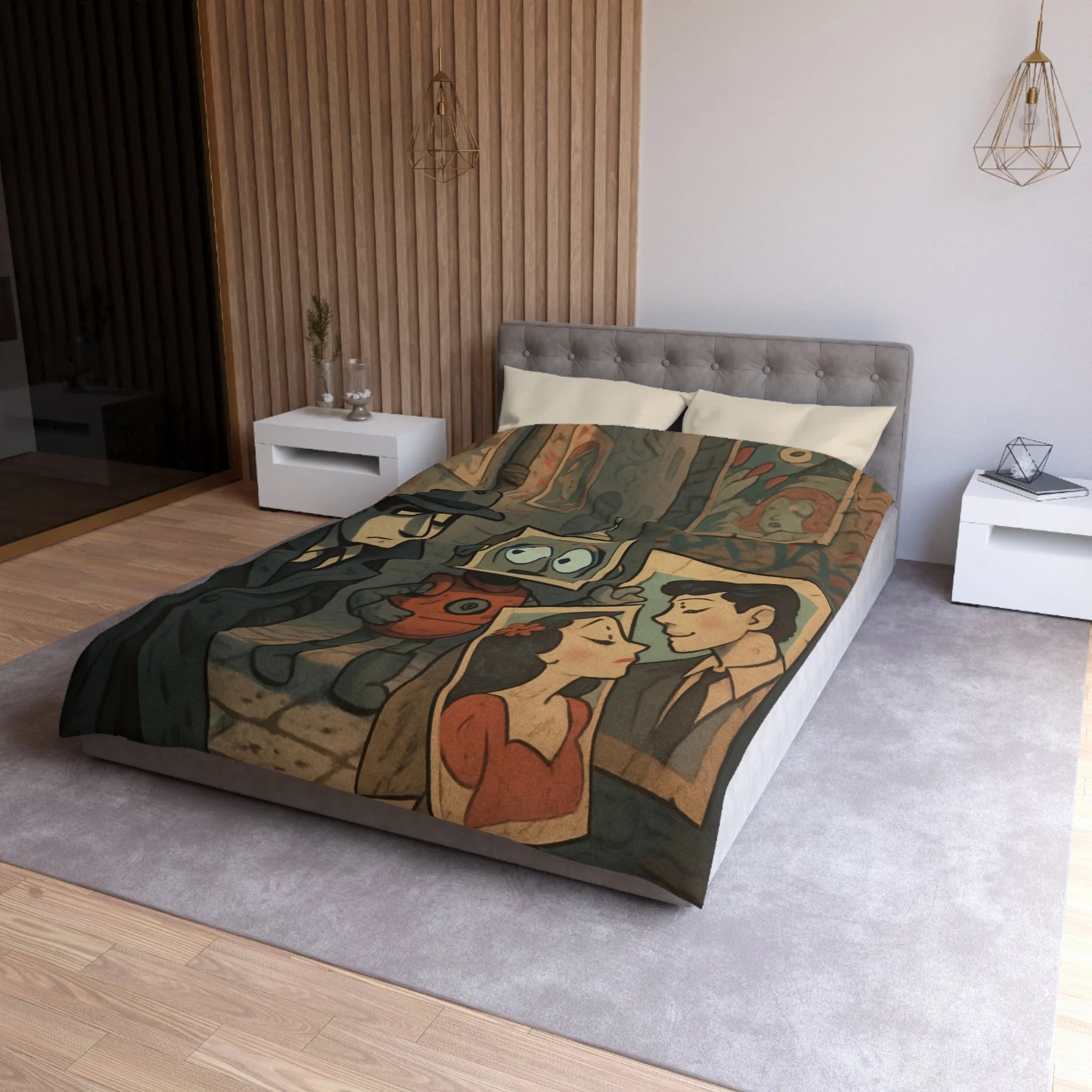 Housse de couette rétro robot vintage, style pop art, ambiance urbaine et romantique