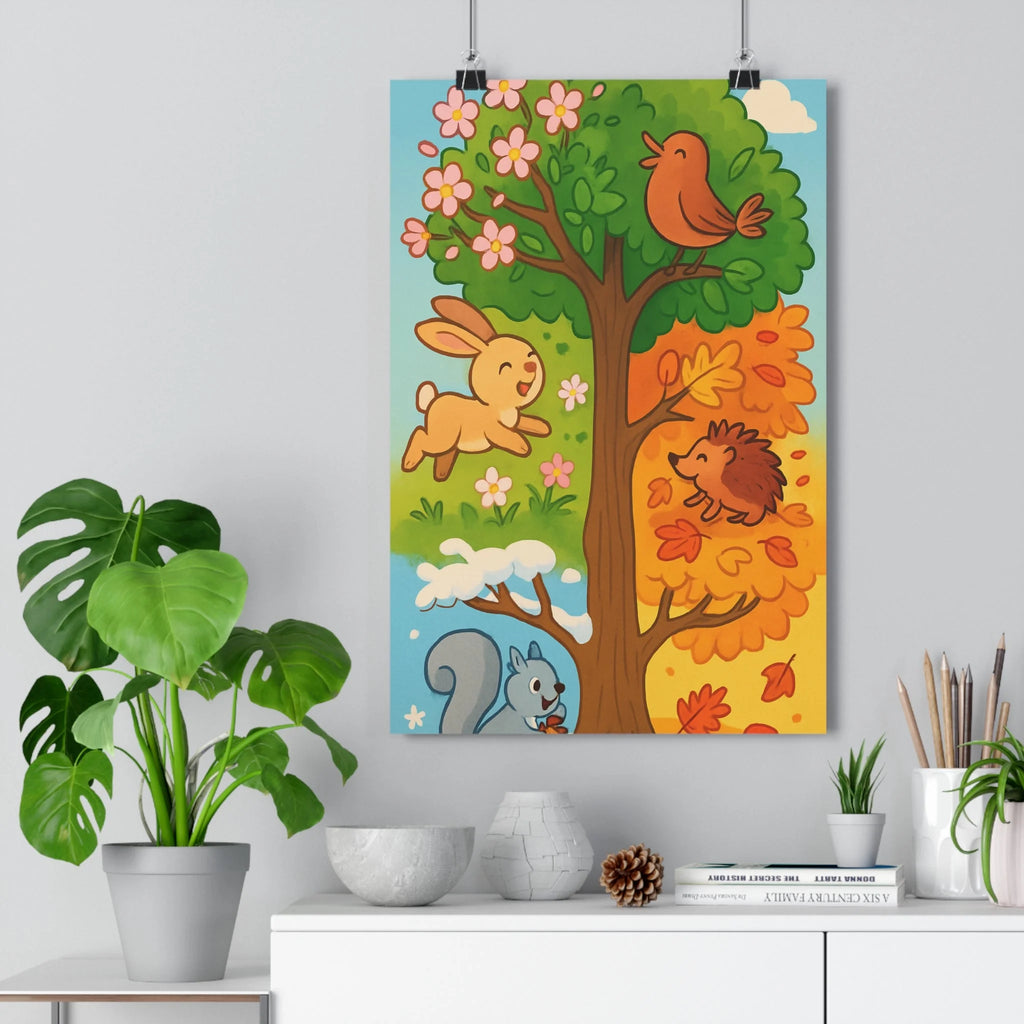 Poster décoratif coloré arbre saisons cartoon joyeux enfant chambre salon nature animaux vibrant qualité