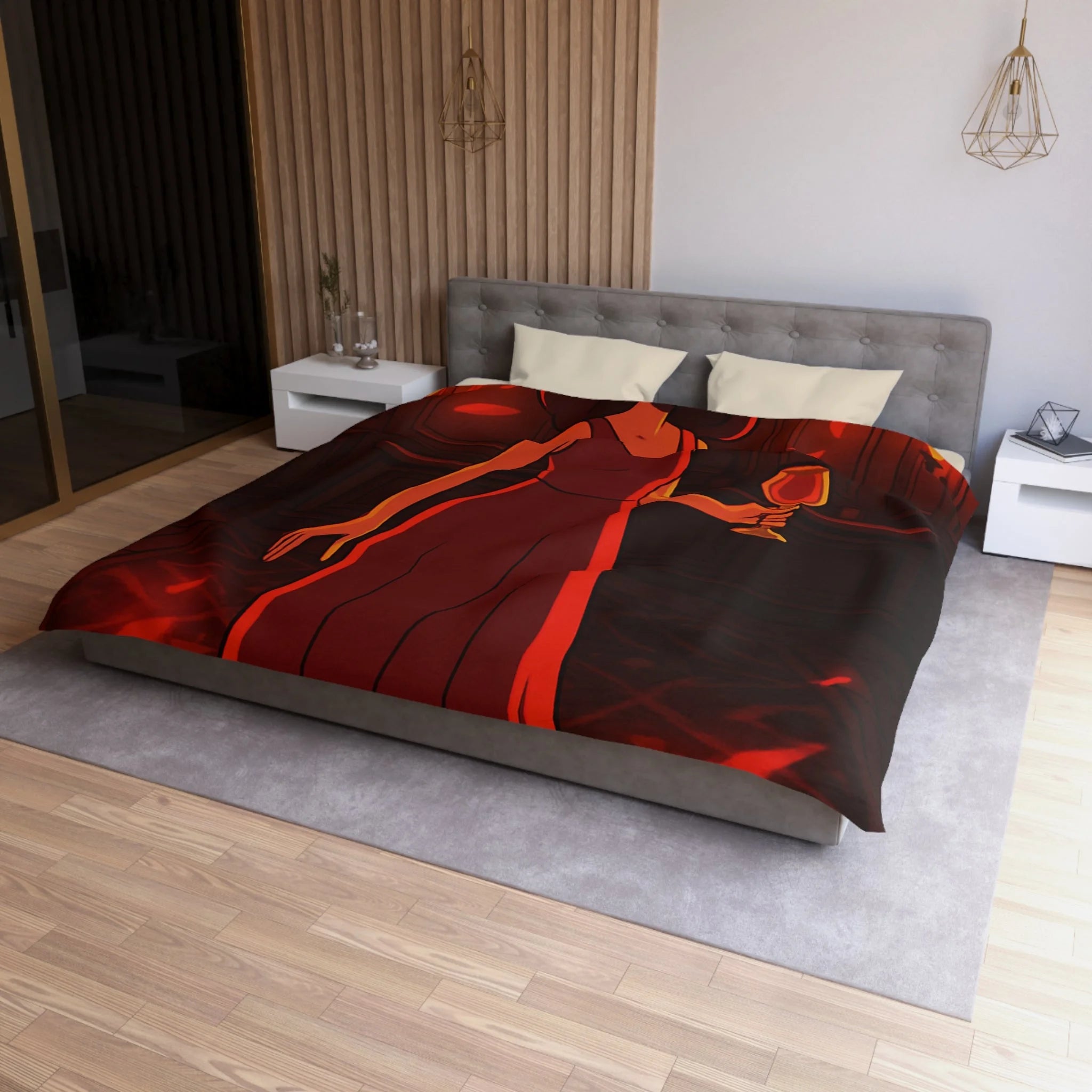 Housse de couette rouge élégante avec motif femme et reflets lumineux mystérieux