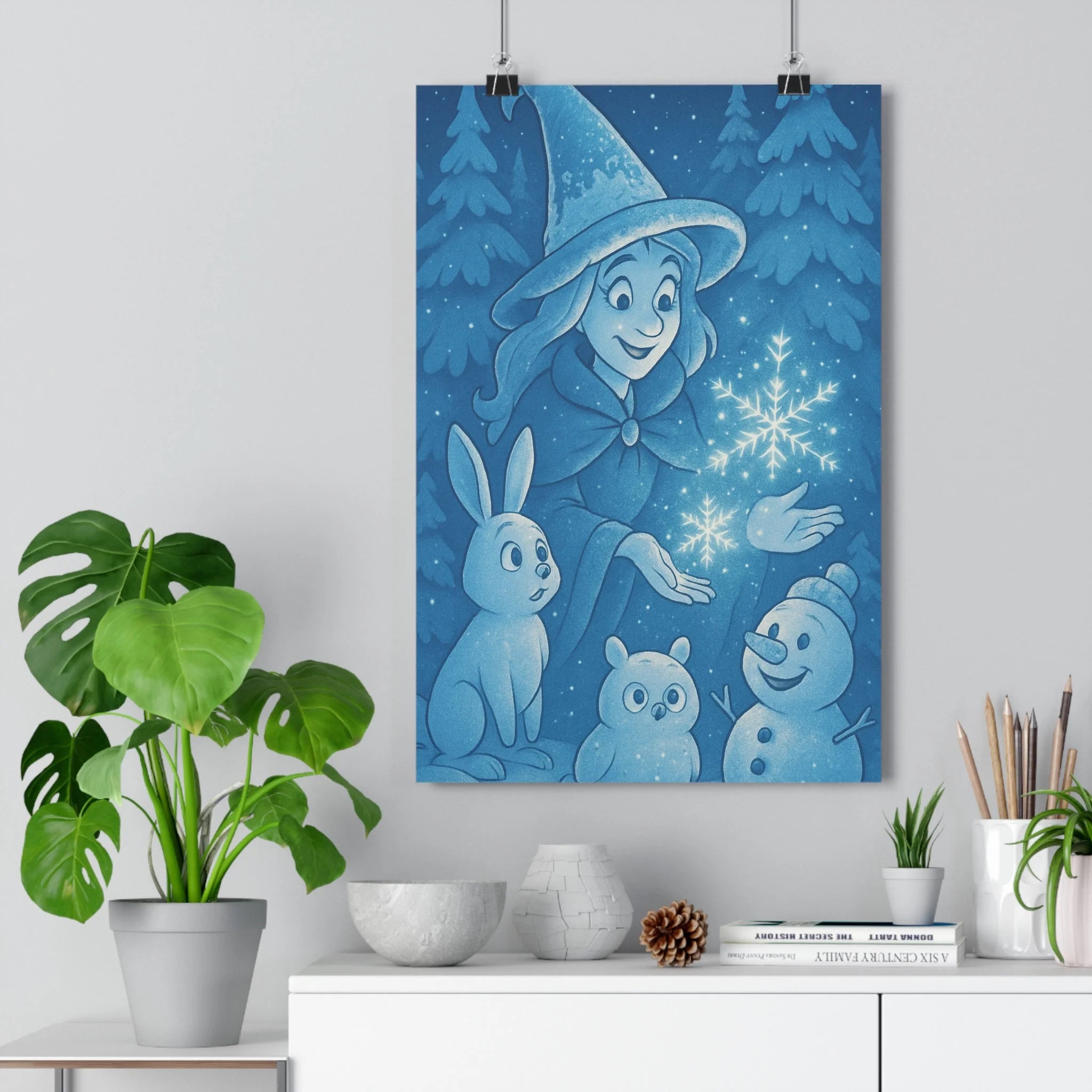 Poster décoratif sorcière hivernal bleu cartoon mystique chambre enfant forêt neige magique captivant qualité