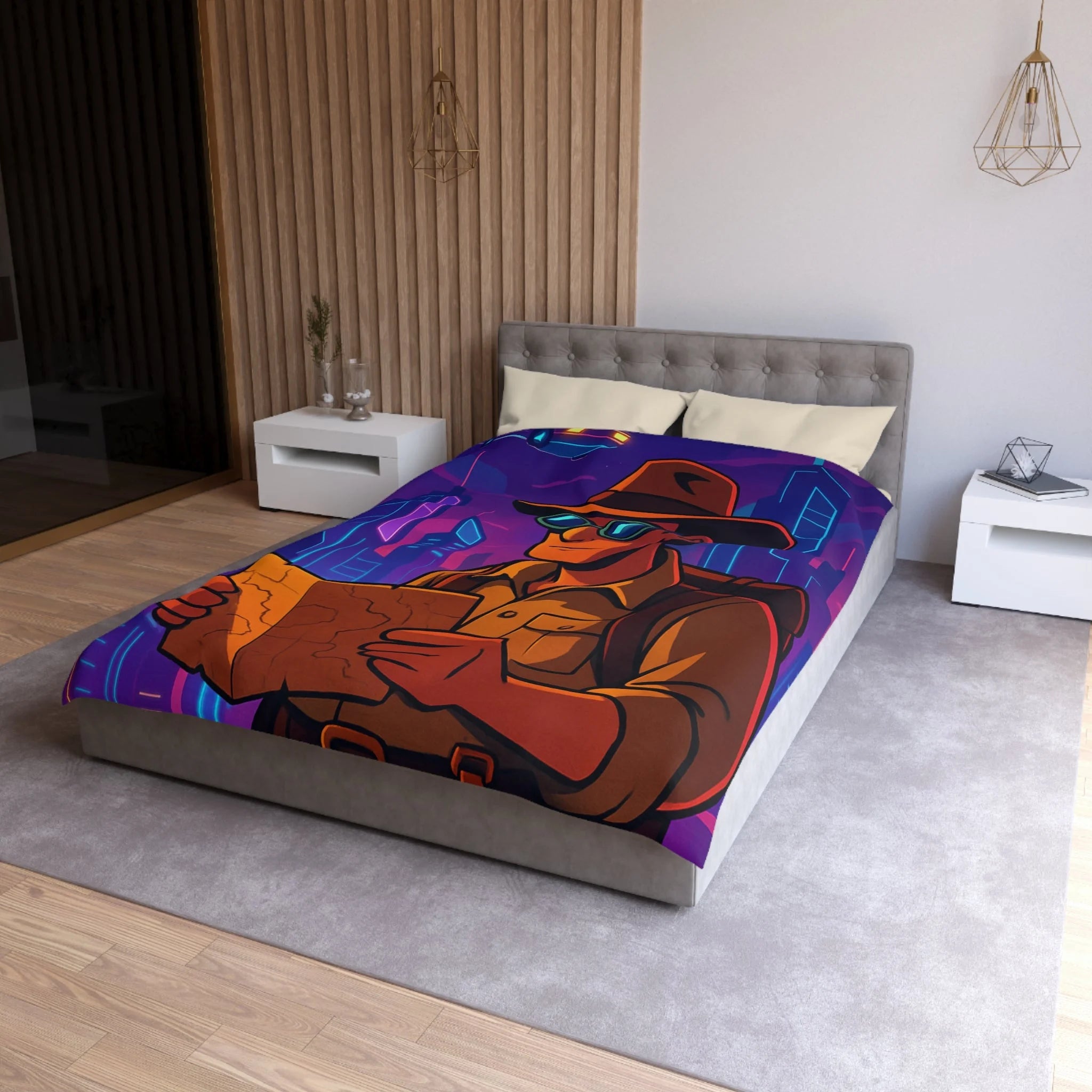 Housse de couette rétro futuriste avec explorateur urbain et voiture volante néon