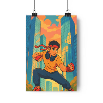 Poster homme en action ville moderne plante verte ciel orangé rouge bleu oiseaux urbain naturel énergie positivité salon bureau contemporain